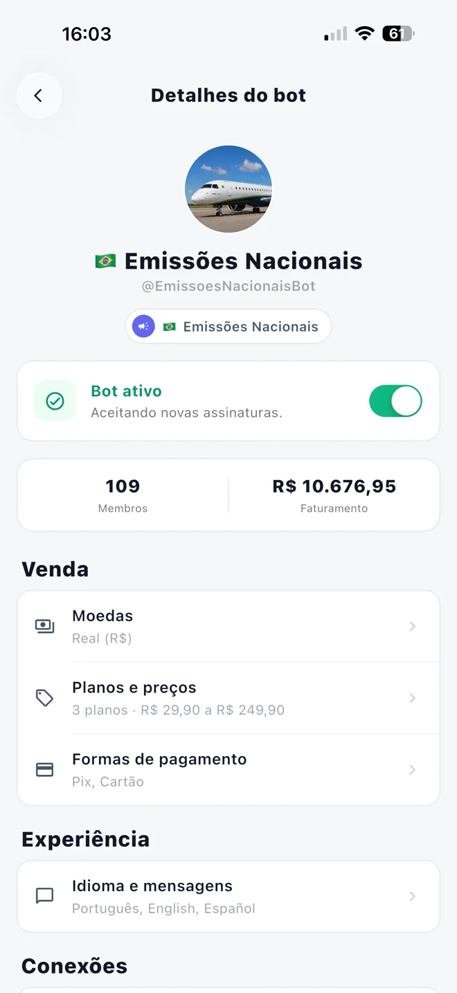 Detalhes e configuração de um bot no Truppie
